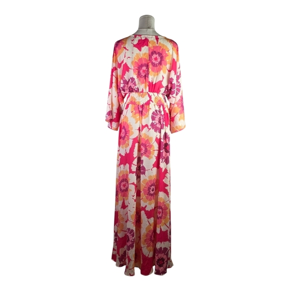 Flying Tomato Pink Floral Maxi Dress M Boho Kimono Sleeve Smocked Waist - Picture 6 of 12